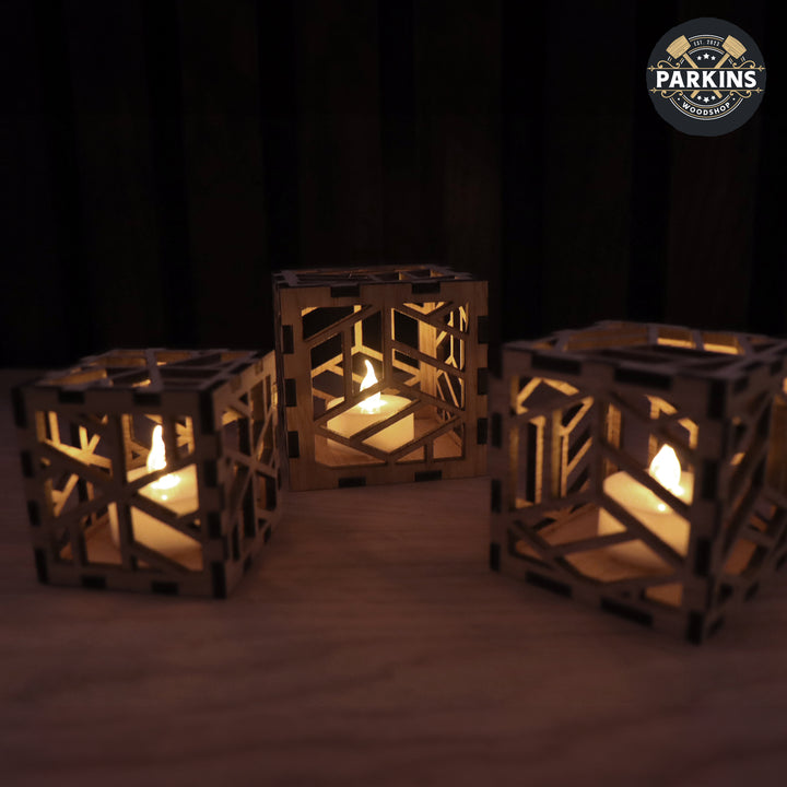 Cube Decorative Oak Veneer Electric Tea Light Holders - set of 3