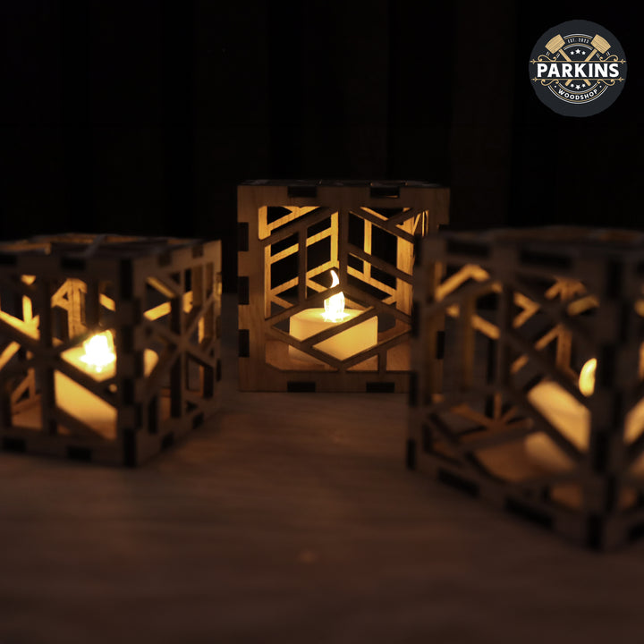 Cube Decorative Oak Veneer Electric Tea Light Holders - set of 3