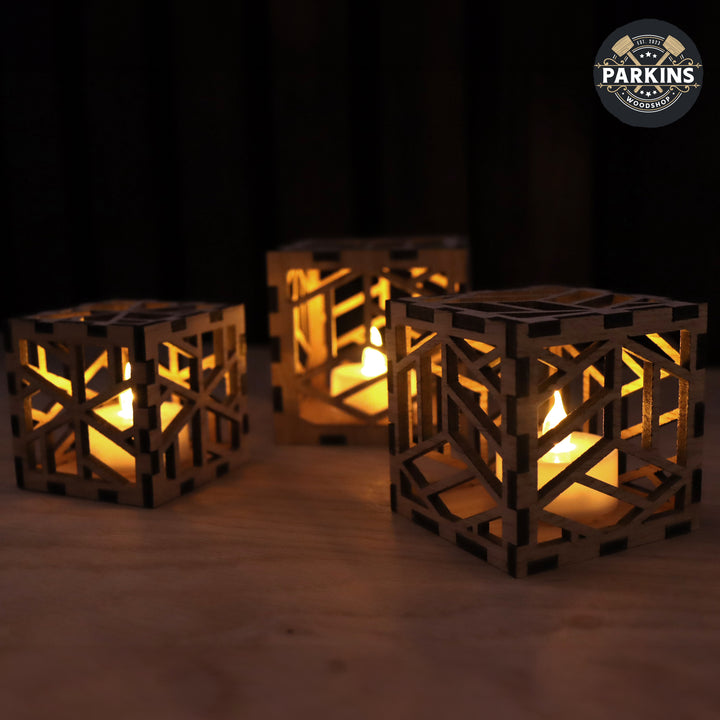 Cube Decorative Oak Veneer Electric Tea Light Holders - set of 3