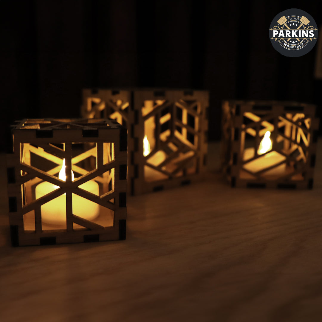 Cube Decorative Oak Veneer Electric Tea Light Holders - set of 3