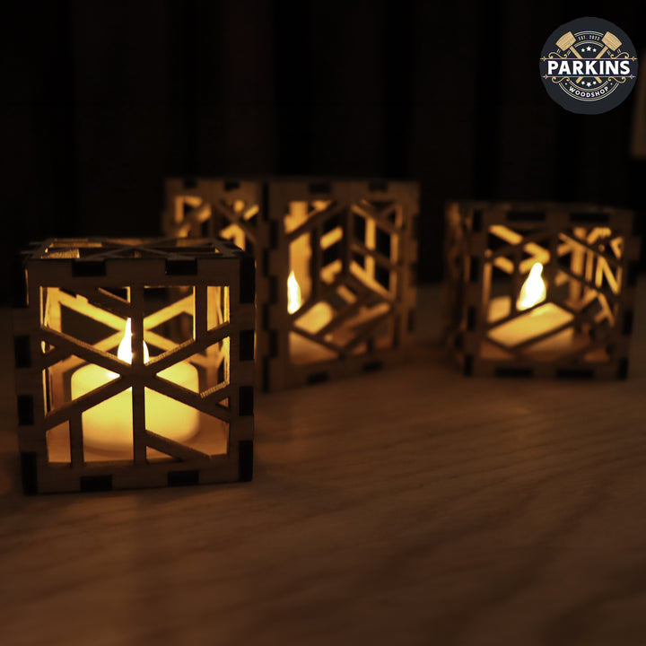 Cube Decorative Oak Veneer Electric Tea Light Holders - set of 3