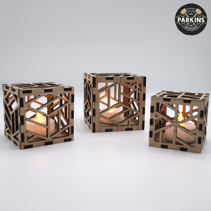 Cube Decorative Oak Veneer Electric Tea Light Holders - set of 3