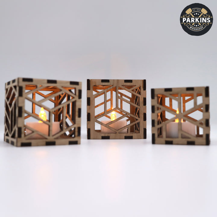 Cube Decorative Oak Veneer Electric Tea Light Holders - set of 3