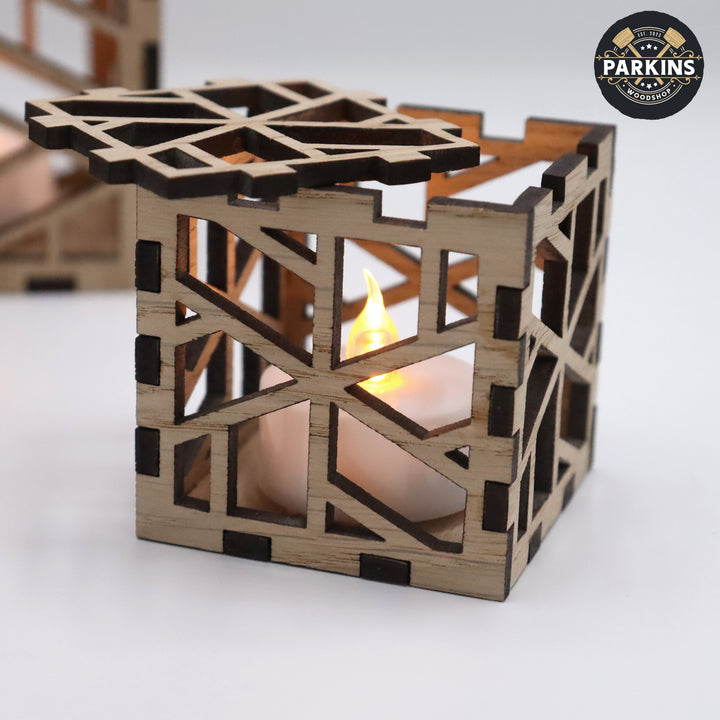 Cube Decorative Oak Veneer Electric Tea Light Holders - set of 3