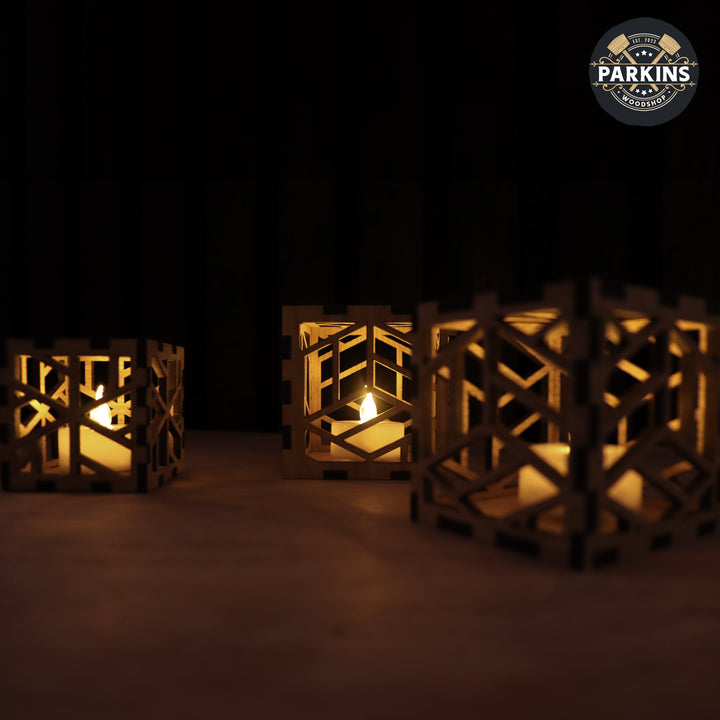 Cube Decorative Oak Veneer Electric Tea Light Holders - set of 3