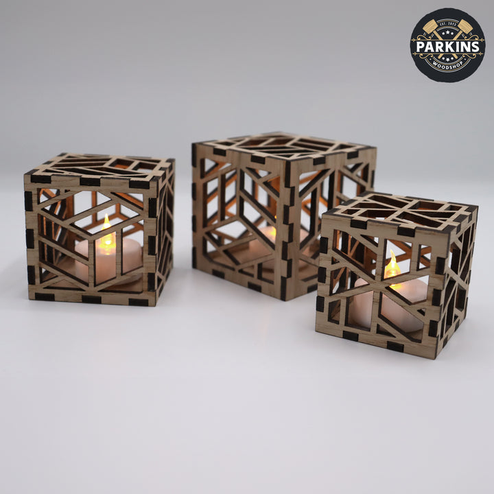 Cube Decorative Oak Veneer Electric Tea Light Holders - set of 3
