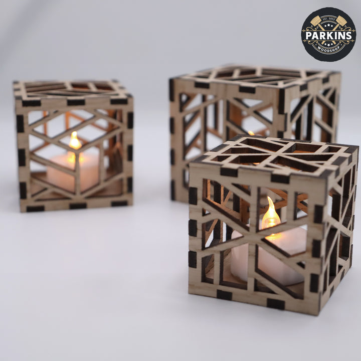 Cube Decorative Oak Veneer Electric Tea Light Holders - set of 3